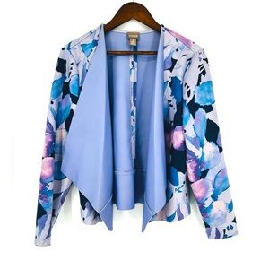 Chico’s faux suede draped multi colored floral jacket women’s size 2